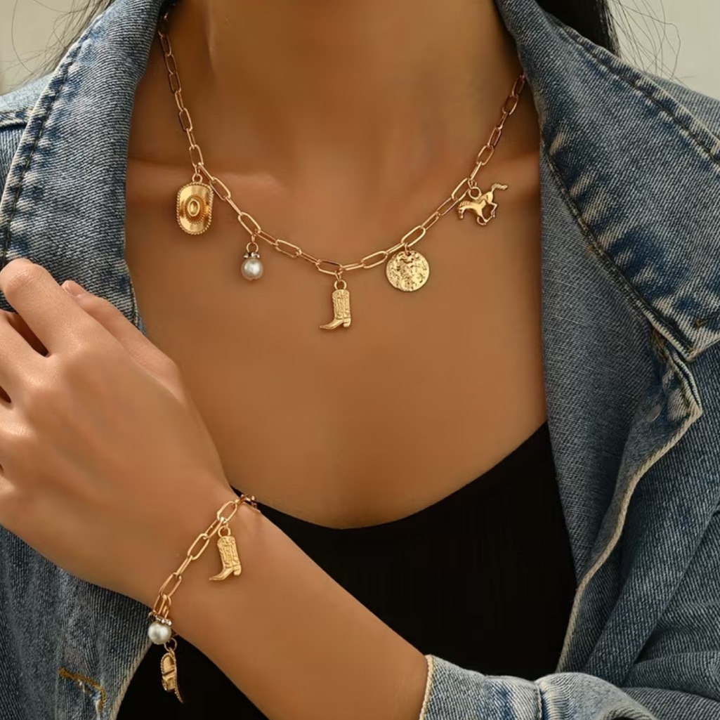 New Western Bohemian Retro Horse Gold Charm Necklace And Bracelet Set